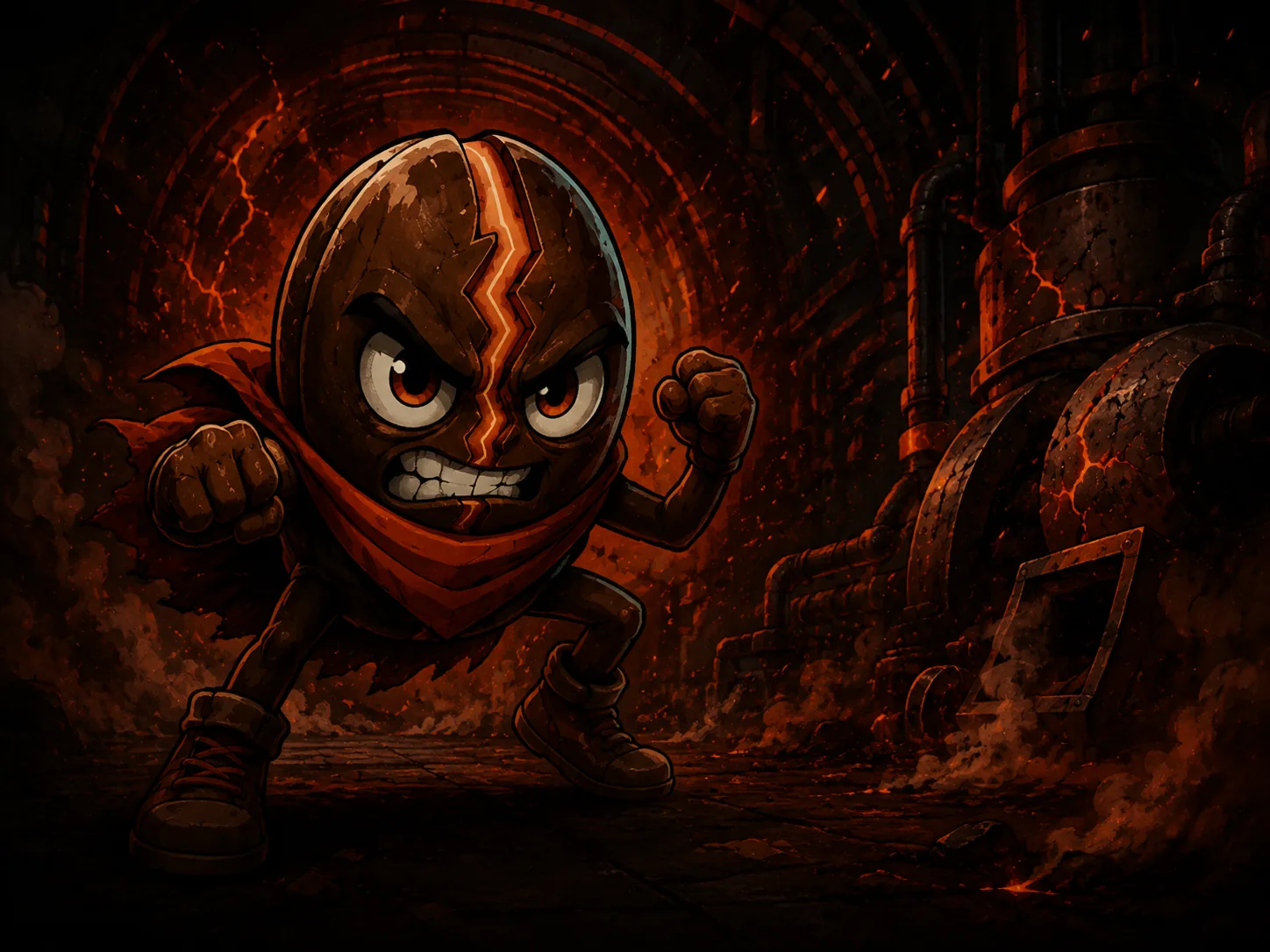 Roasty charges through a fiery industrial tunnel